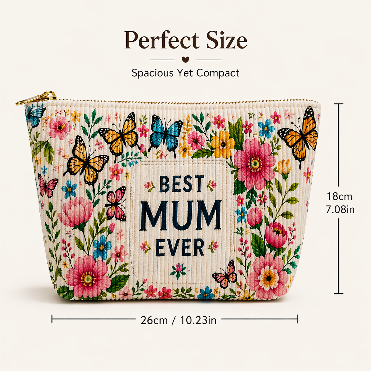 Floral 'Best Mom Ever" Corduroy Makeup Bag - Elegant Cosmetic Travel Pouch