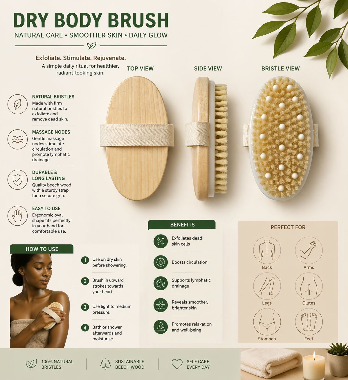 Body Dry Brush with Massage Nodes - Exfoliating & Circulation