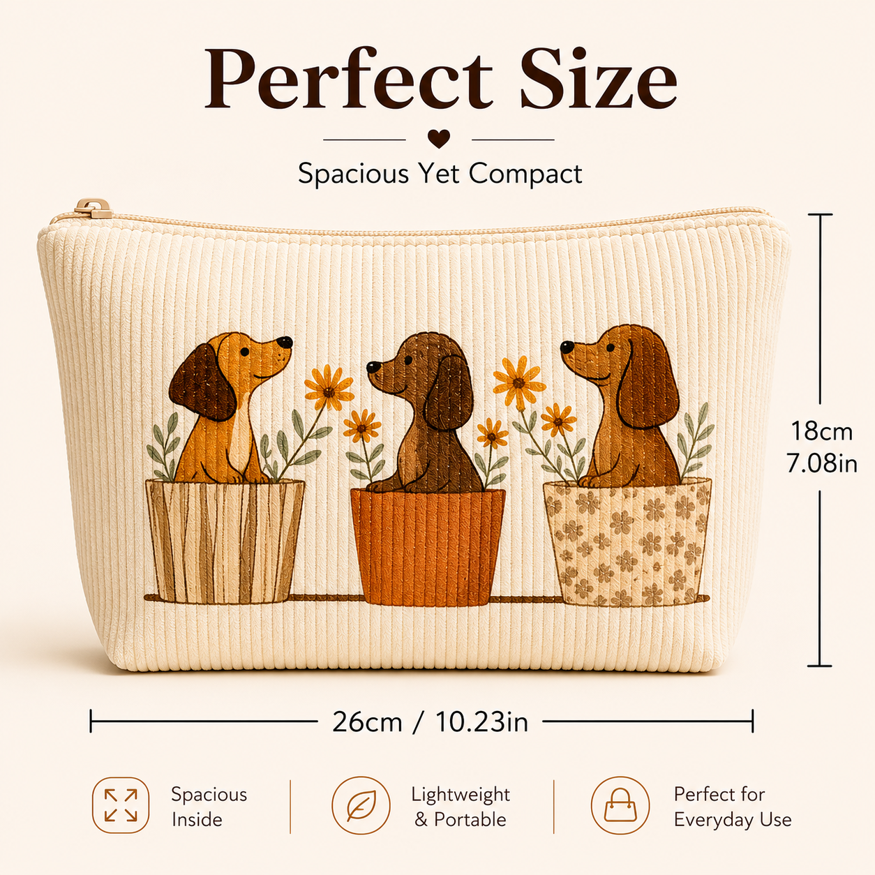 Corduroy Cosmetic Pouch - Cute Dog Print Makeup Bag Design