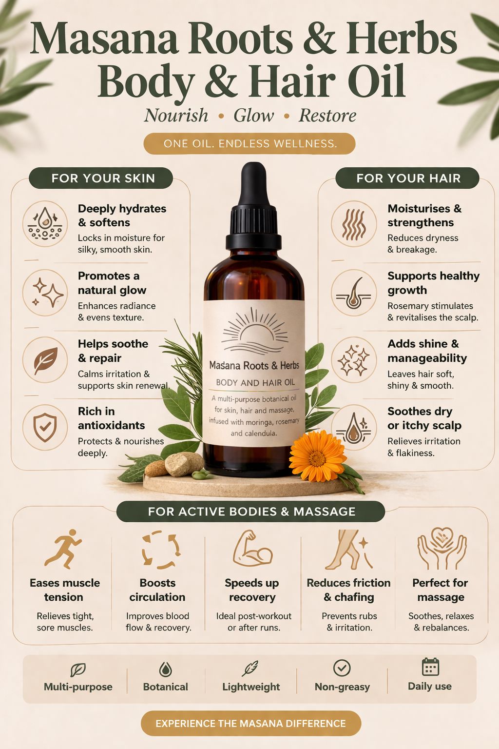 Body & Hair Oil for Growth & Moisture 100ml | Natural Hair Oil & Skin Oil South Africa | Masana Roots & Herbs