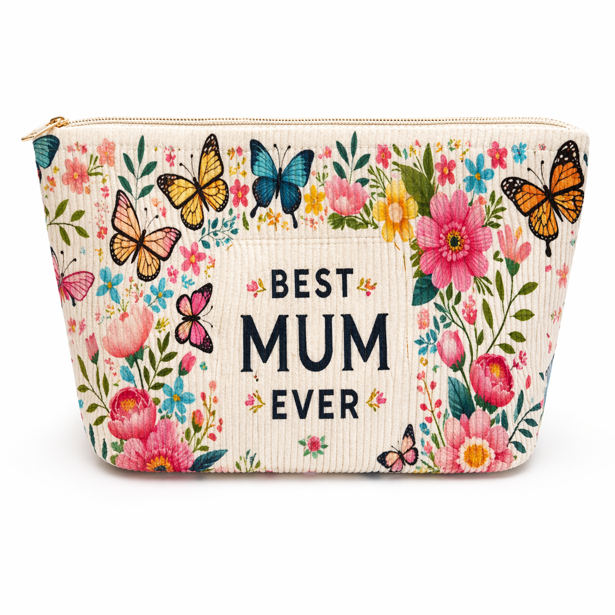 Floral 'Best Mom Ever" Corduroy Makeup Bag - Elegant Cosmetic Travel Pouch