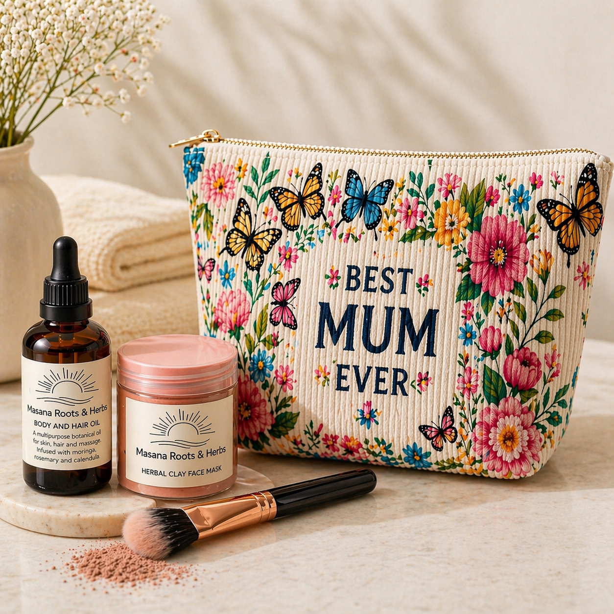 Floral 'Best Mom Ever" Corduroy Makeup Bag - Elegant Cosmetic Travel Pouch