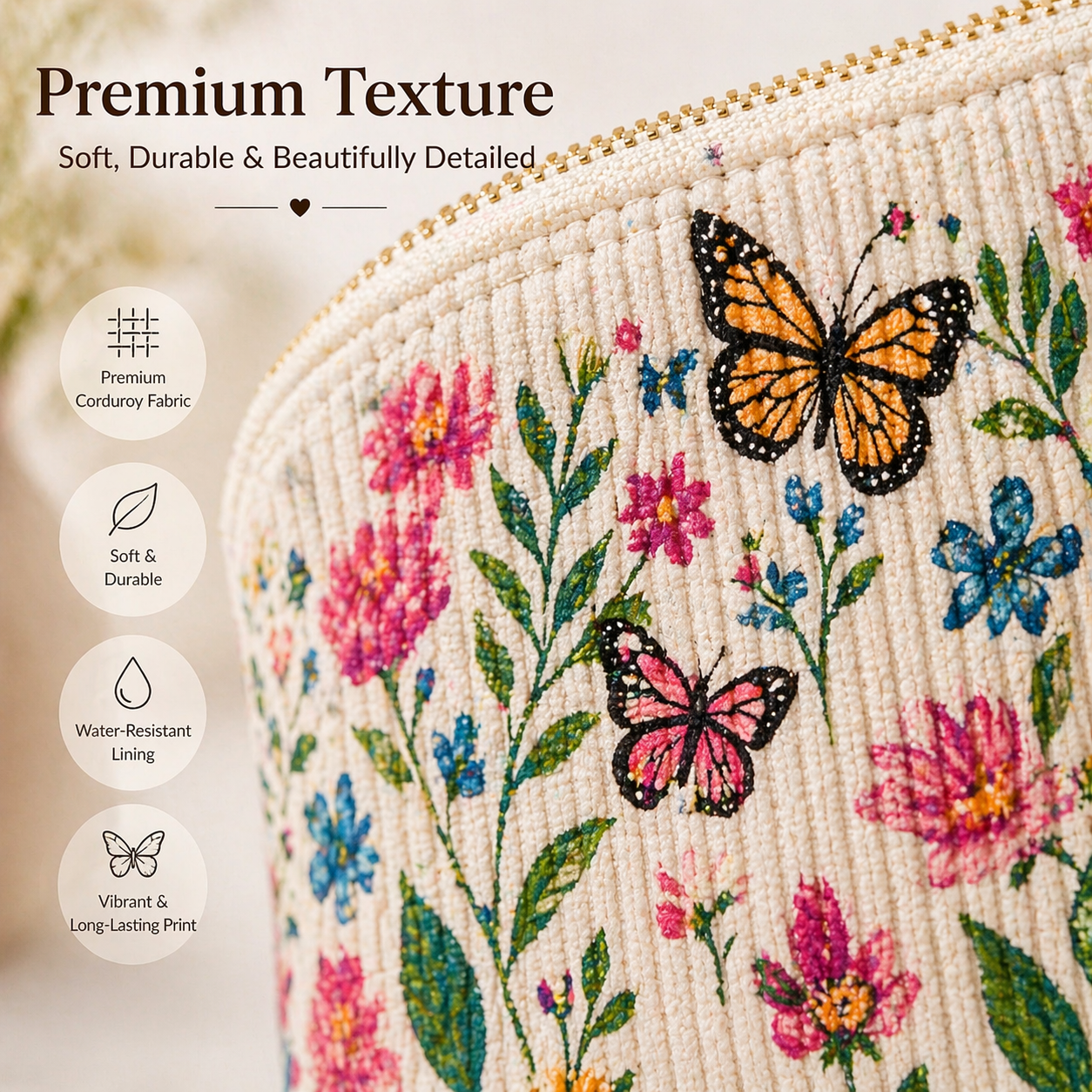 Floral 'Best Mom Ever" Corduroy Makeup Bag - Elegant Cosmetic Travel Pouch