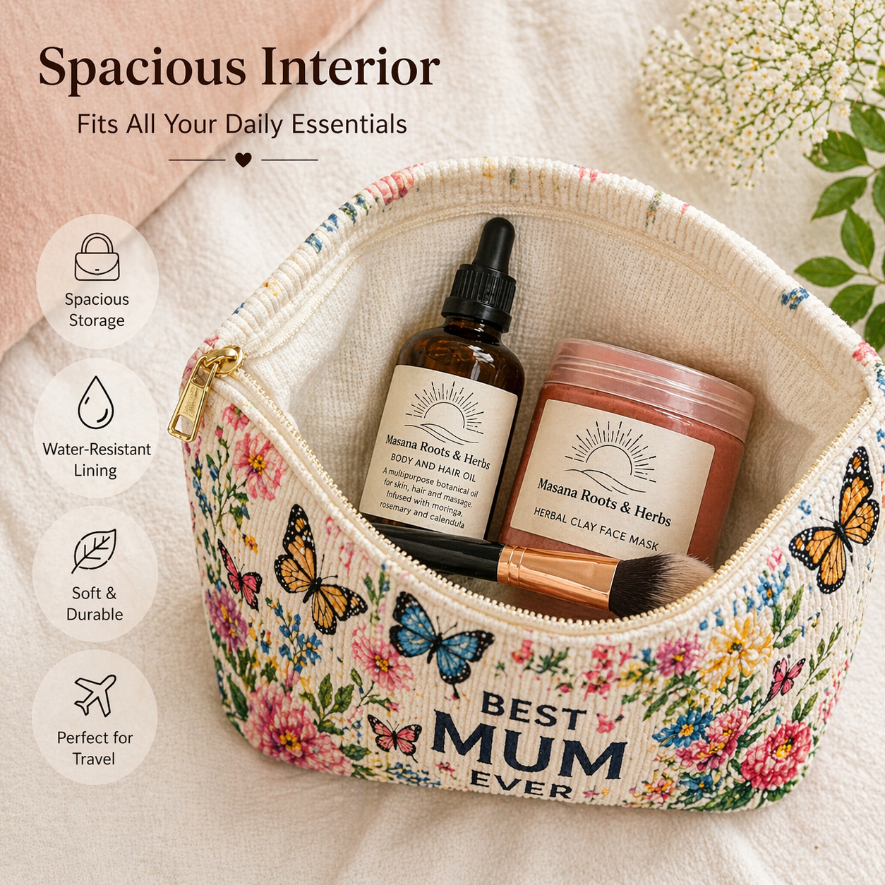 Floral 'Best Mom Ever" Corduroy Makeup Bag - Elegant Cosmetic Travel Pouch