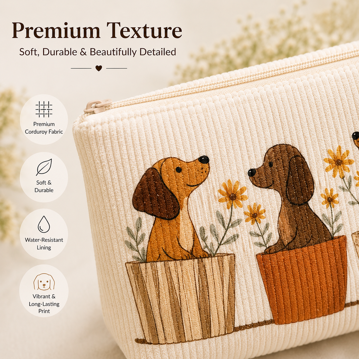 Corduroy Cosmetic Pouch - Cute Dog Print Makeup Bag Design