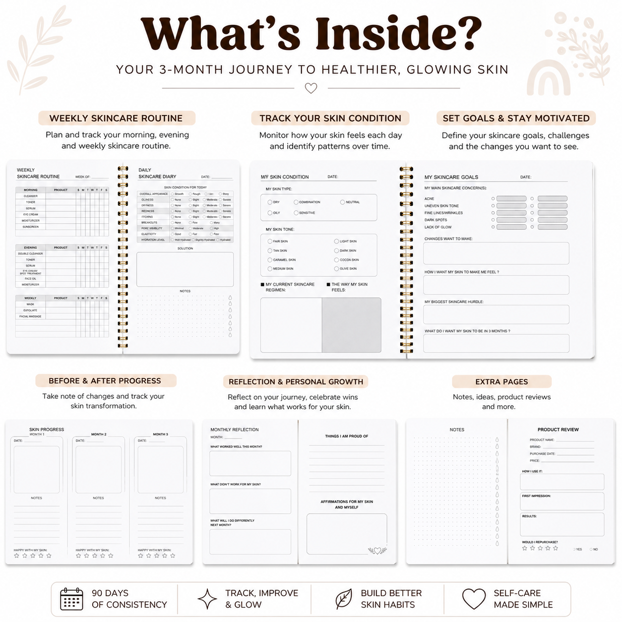 The Ultimate Self-Care Journal - 90-Day Skincare Tracker - Track your skincare routine, products & daily skin progress
