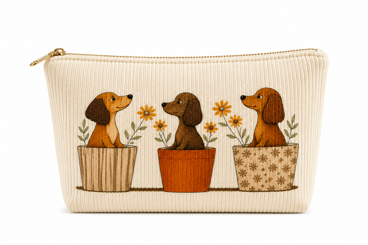 Corduroy Cosmetic Pouch - Cute Dog Print Makeup Bag Design