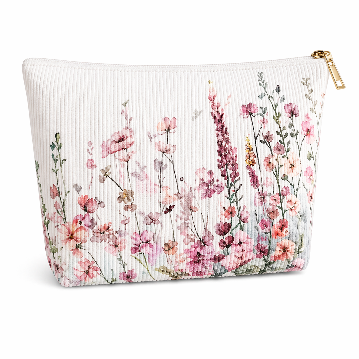 Floral Corduroy Makeup Bag - Elegant Cosmetic Travel Pouch