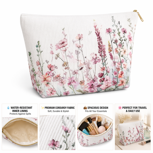 Floral Corduroy Makeup Bag - Elegant Cosmetic Travel Pouch