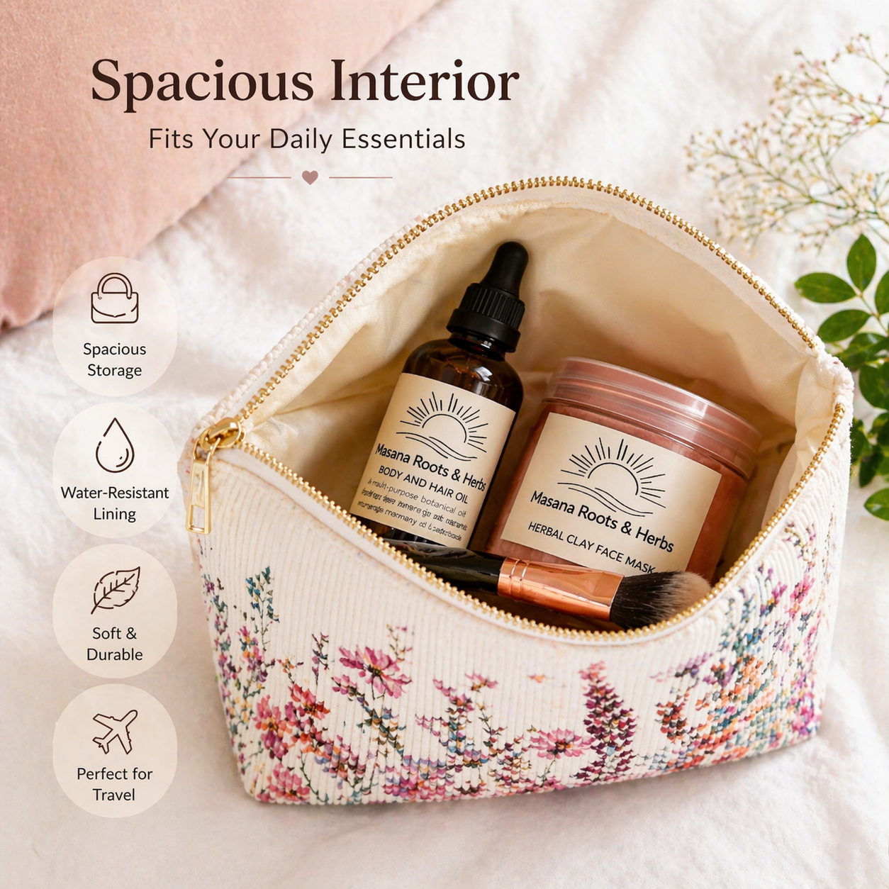 Floral Corduroy Makeup Bag - Elegant Cosmetic Travel Pouch