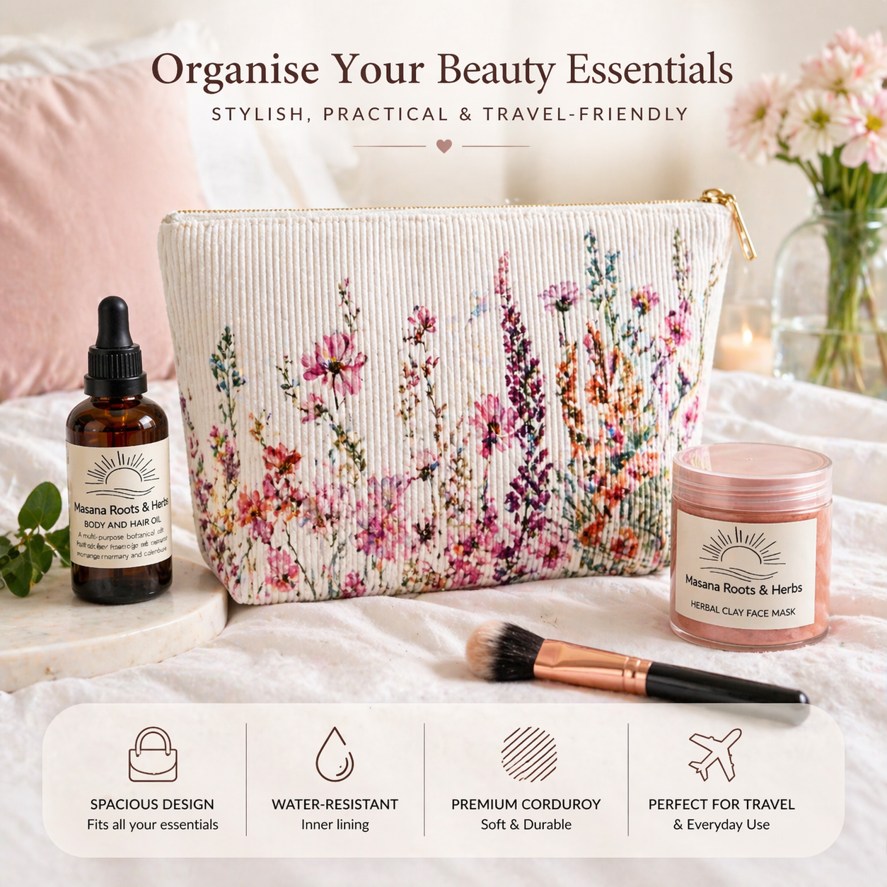 Floral Corduroy Makeup Bag - Elegant Cosmetic Travel Pouch