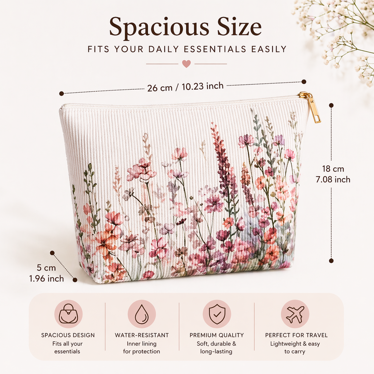 Floral Corduroy Makeup Bag - Elegant Cosmetic Travel Pouch