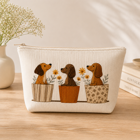 Corduroy Cosmetic Pouch - Cute Dog Print Makeup Bag Design