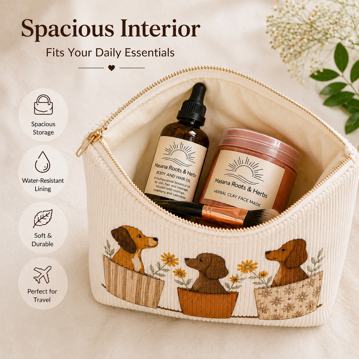 Corduroy Cosmetic Pouch - Cute Dog Print Makeup Bag Design